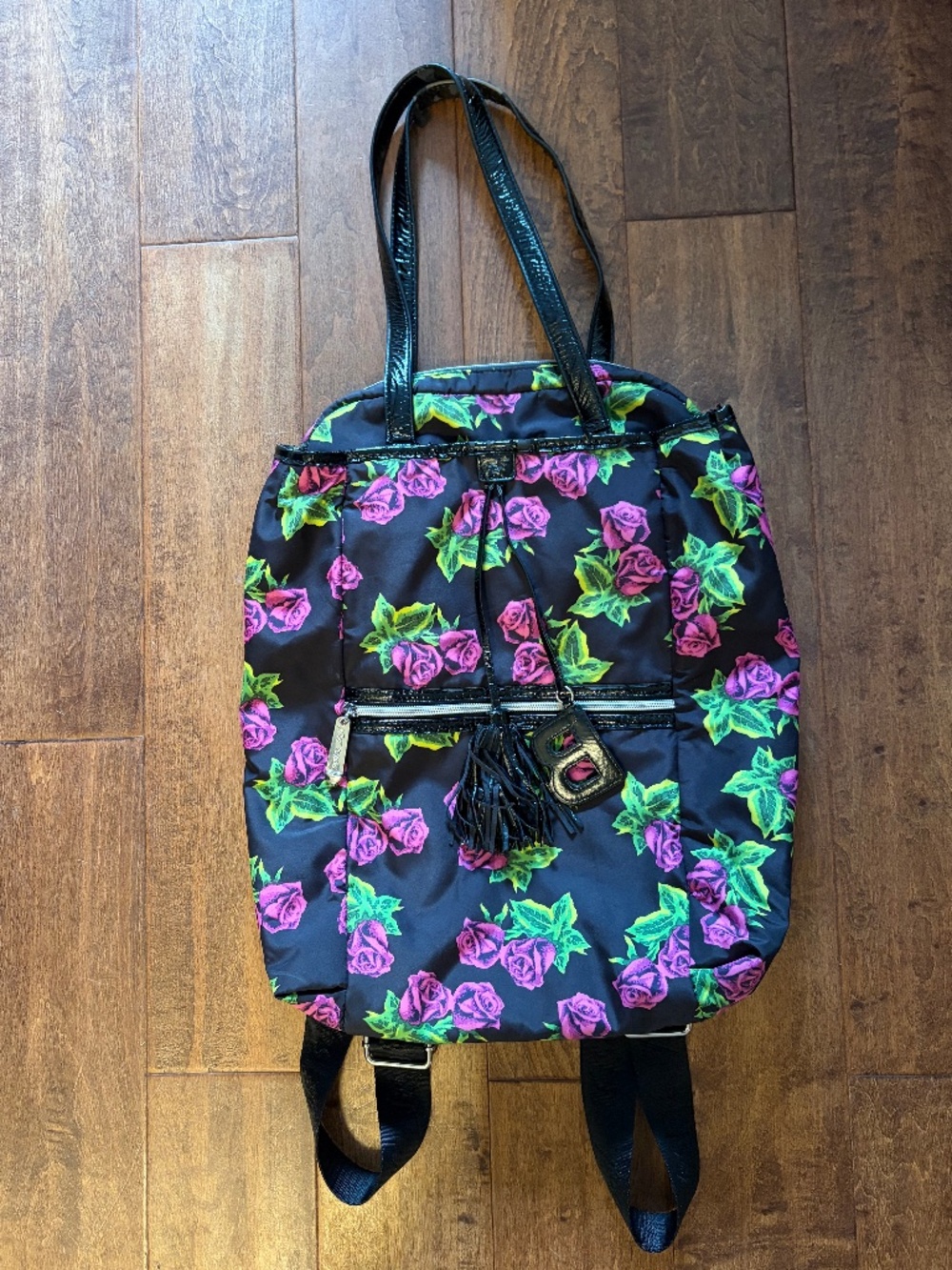 Betsey Johnson Black Backpack Tote Pink Floral Rose Print